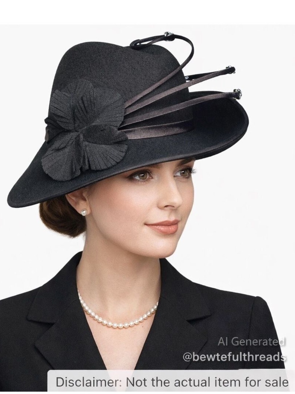 Black Felt Church Hat Floral Appliqué Kentucky Derby Wedding Funeral